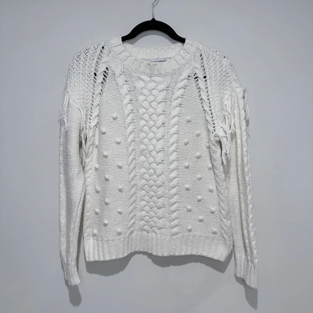 CUPCAKES AND CASHMERE‎ White Cable Knit Bobble Fringe Sweater M